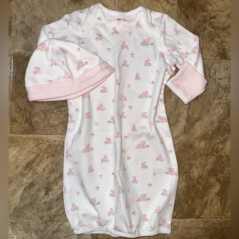 New Little Me Baby Girl 0-3 Months Bunny Sleeper Gown & Hat Matching Outfit